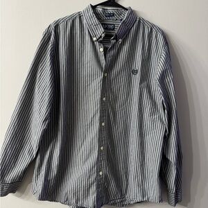Chaps Gray and White Striped Button Down Shirt